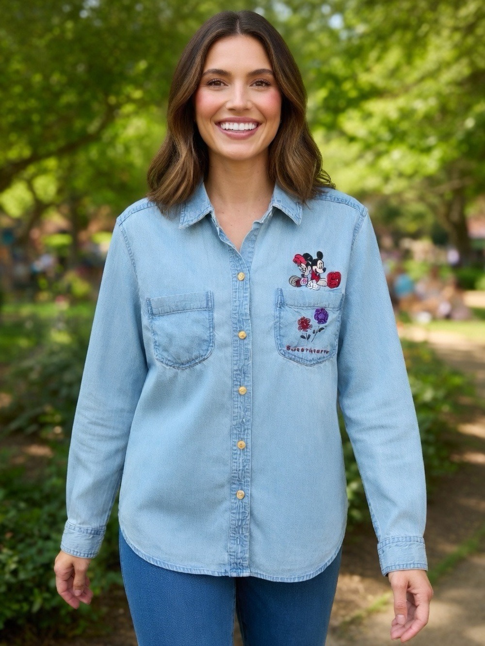Vintage 90s Disney Mickey & Minnie Embroidered Denim Shirt Light Wash Button Up